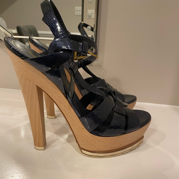 Saint Laurent Tribute Wood Sandal Heel Open Toe Platform - Picture 1 of 6